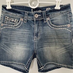 Women’s Distressed Medium Blue Denim Jean Shorts with Contrast Stitching